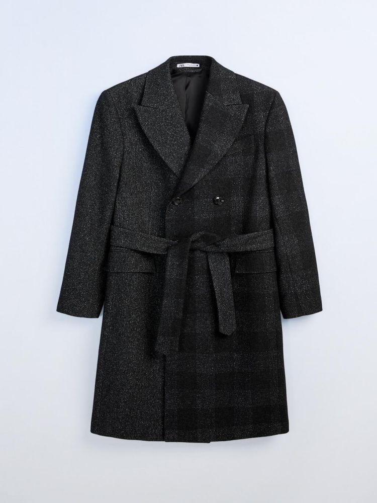 XH25W2109 (2) Men's charcoal double-breasted wool coat flat lay, notch lapel and belt detail - Style XH25W2109