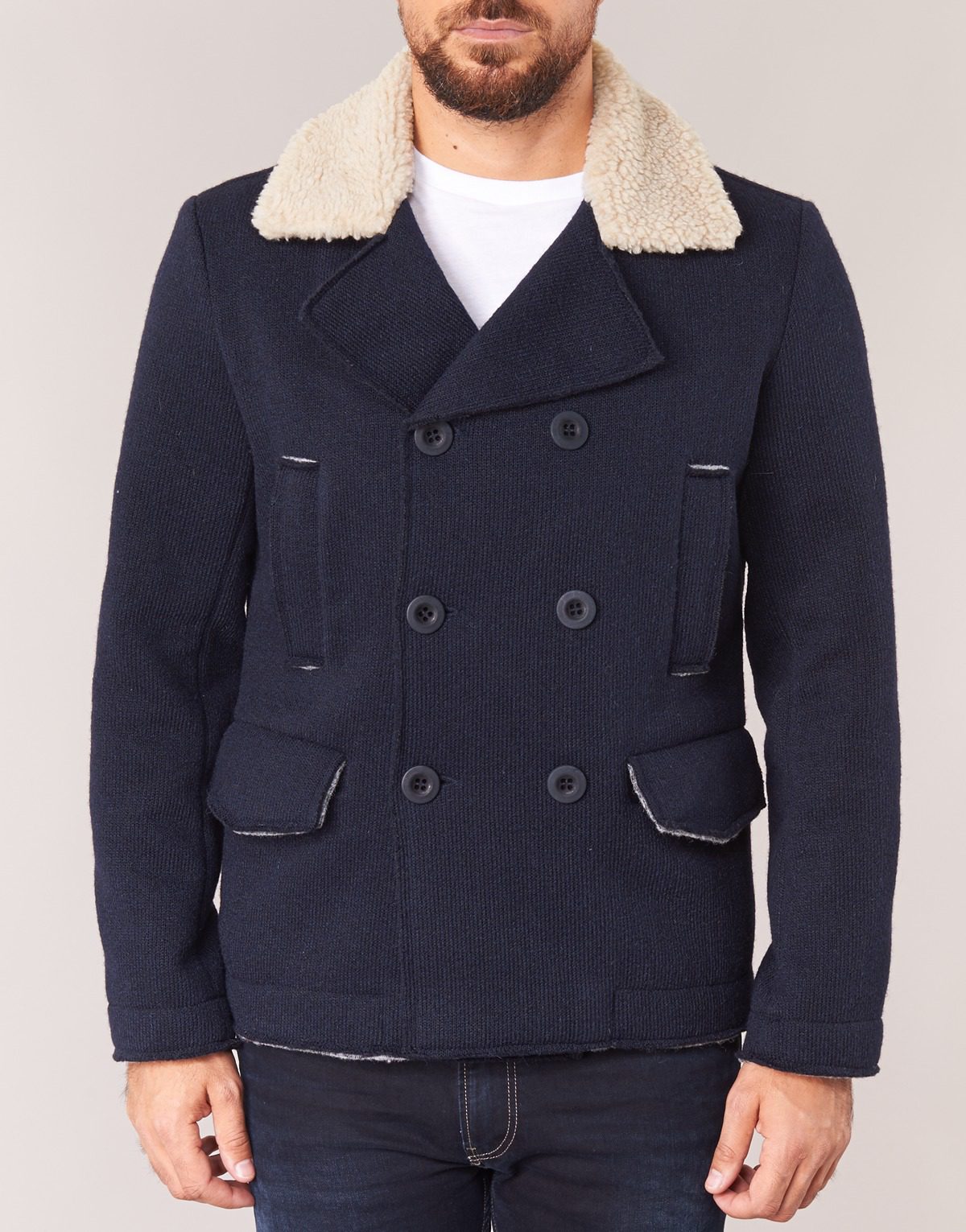 XH25W2111 (5) Men's navy wool blend double breasted peacoat - Style #2111