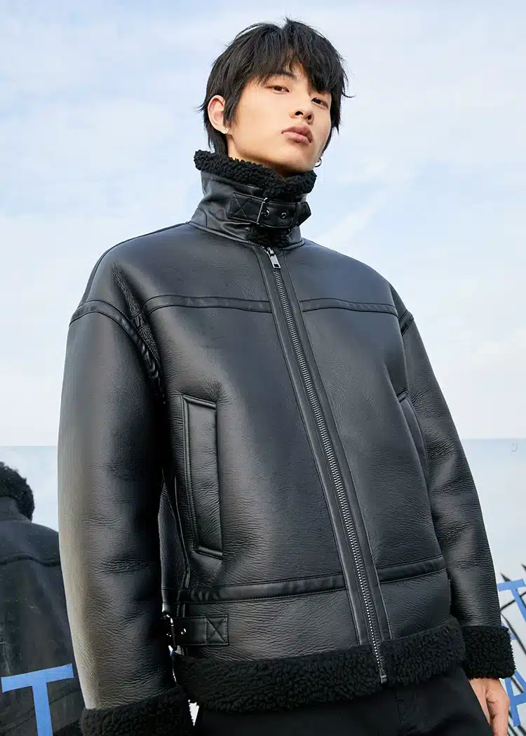xh25w6037 (3) Men's black PU leather bomber jacket with shearling trim - Style #6037