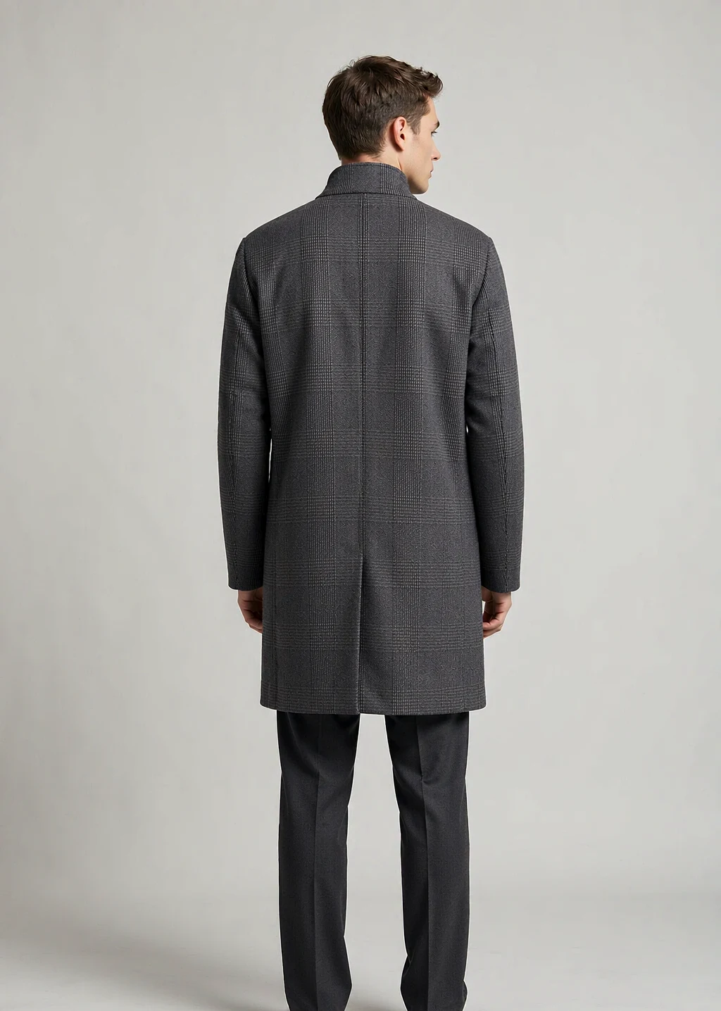 XH25W2106 AI model back Men's charcoal grey glen-check wool coat, center back seam, AI-rendered model back view - Style XH25W2106