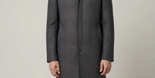 Men's charcoal grey glen-check wool coat with stand collar, AI-rendered model front view - Style XH25W2106