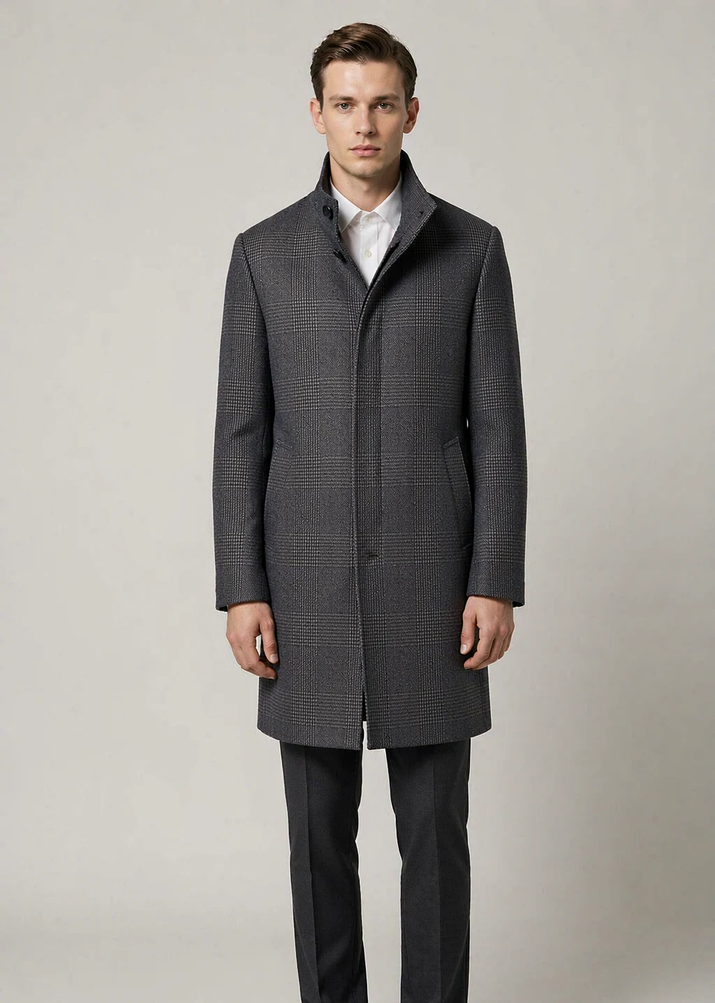 Men's charcoal grey glen-check wool coat with stand collar, AI-rendered model front view - Style XH25W2106