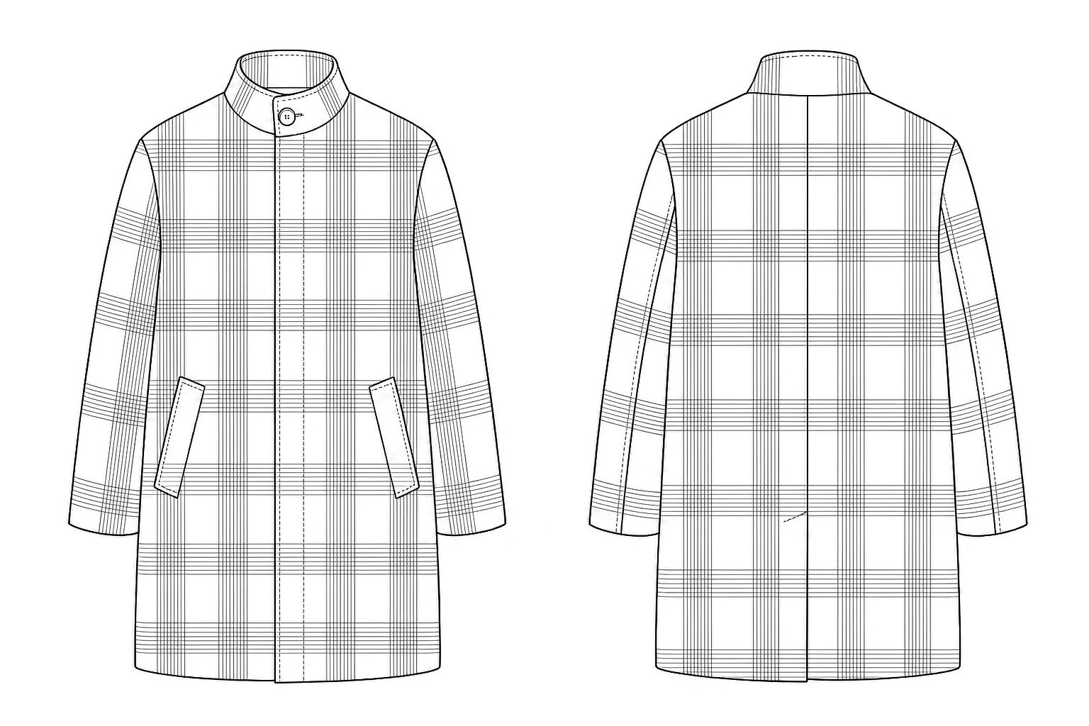 XH25W2106 line art front back Men's glen-check wool coat technical line art, front and back views - Style XH25W2106