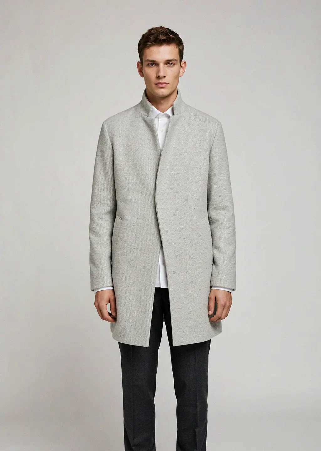 Men's light grey melange coat with asymmetric concealed placket, AI-rendered model front view - Style XH25W2107