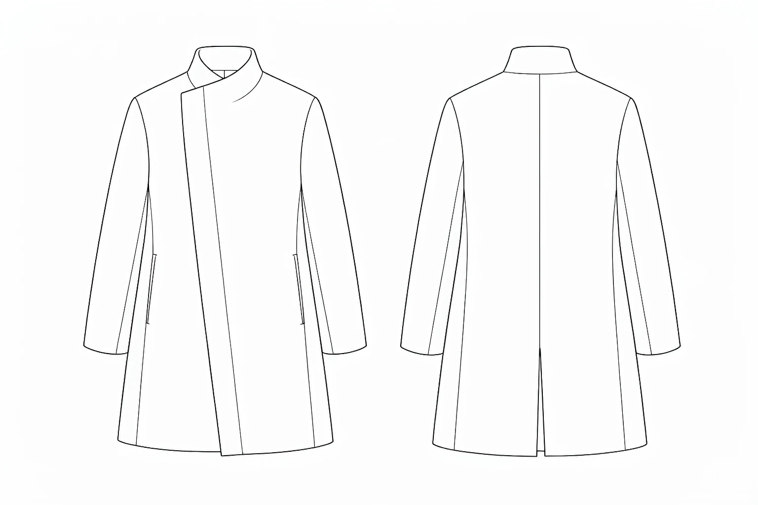 XH25W2107 line art front back Men's light grey melange coat technical line art, front and back views - Style XH25W2107