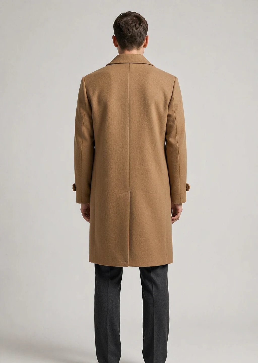 XH25W2108 AI model back Men's camel double-breasted wool coat, center back seam and vent, AI-rendered model back view - Style XH25W2108