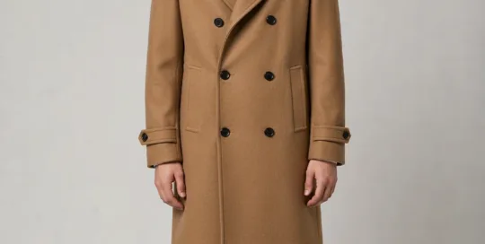 Men's camel double-breasted wool coat with button-tab cuffs, AI-rendered model front view - Style XH25W2108