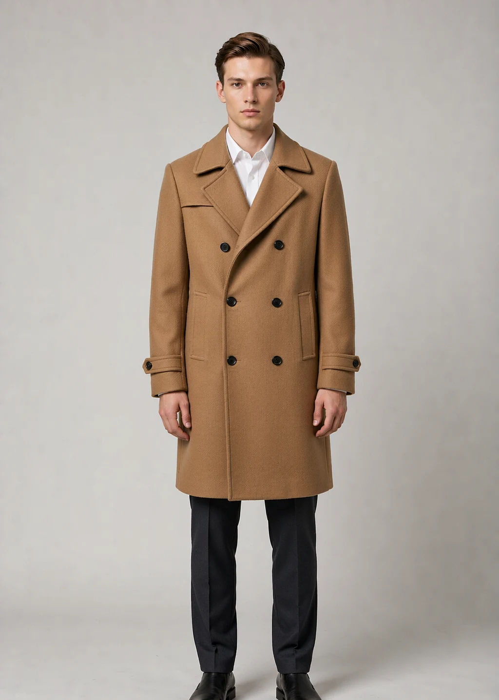 Men's camel double-breasted wool coat with button-tab cuffs, AI-rendered model front view - Style XH25W2108