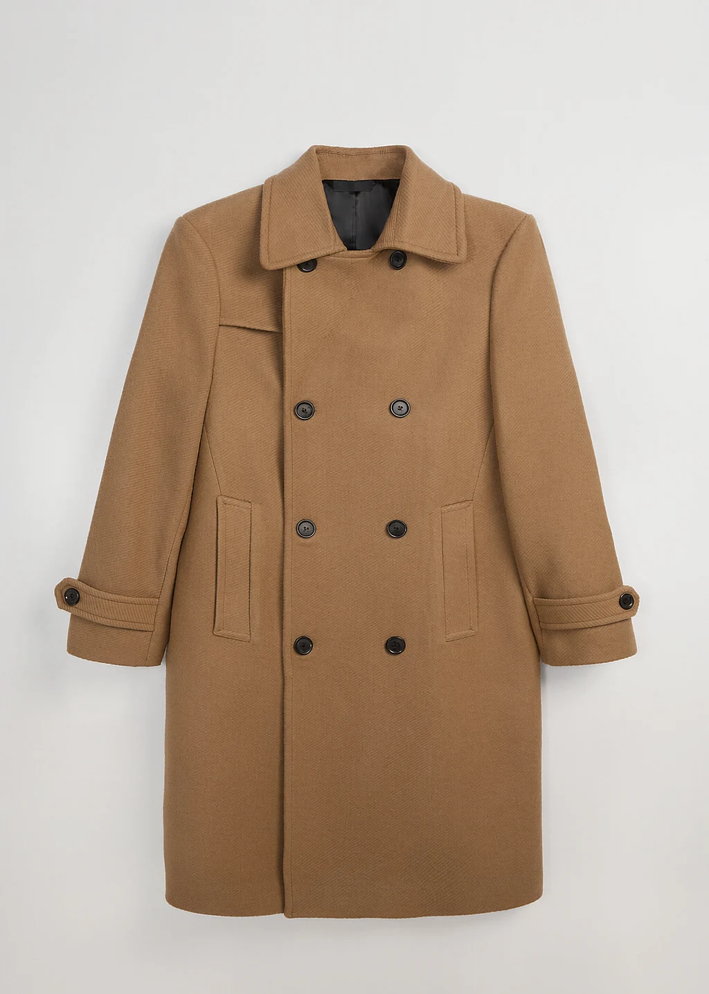 XH25W2108 front flat Men's camel double-breasted wool coat, front flat view with plain label - Style XH25W2108