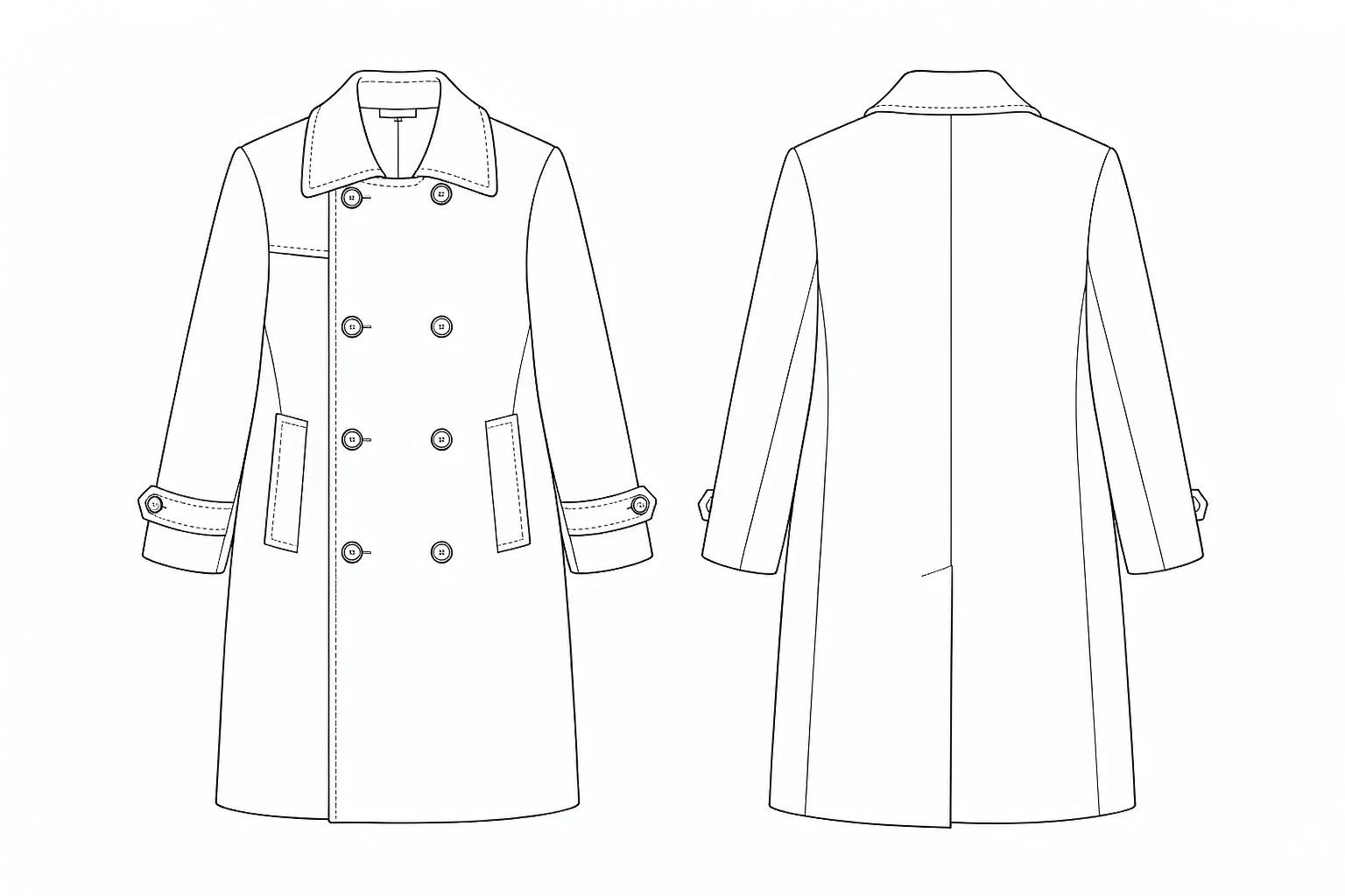 XH25W2108 line art front back Men's camel double-breasted wool coat technical line art, front and back views - Style XH25W2108