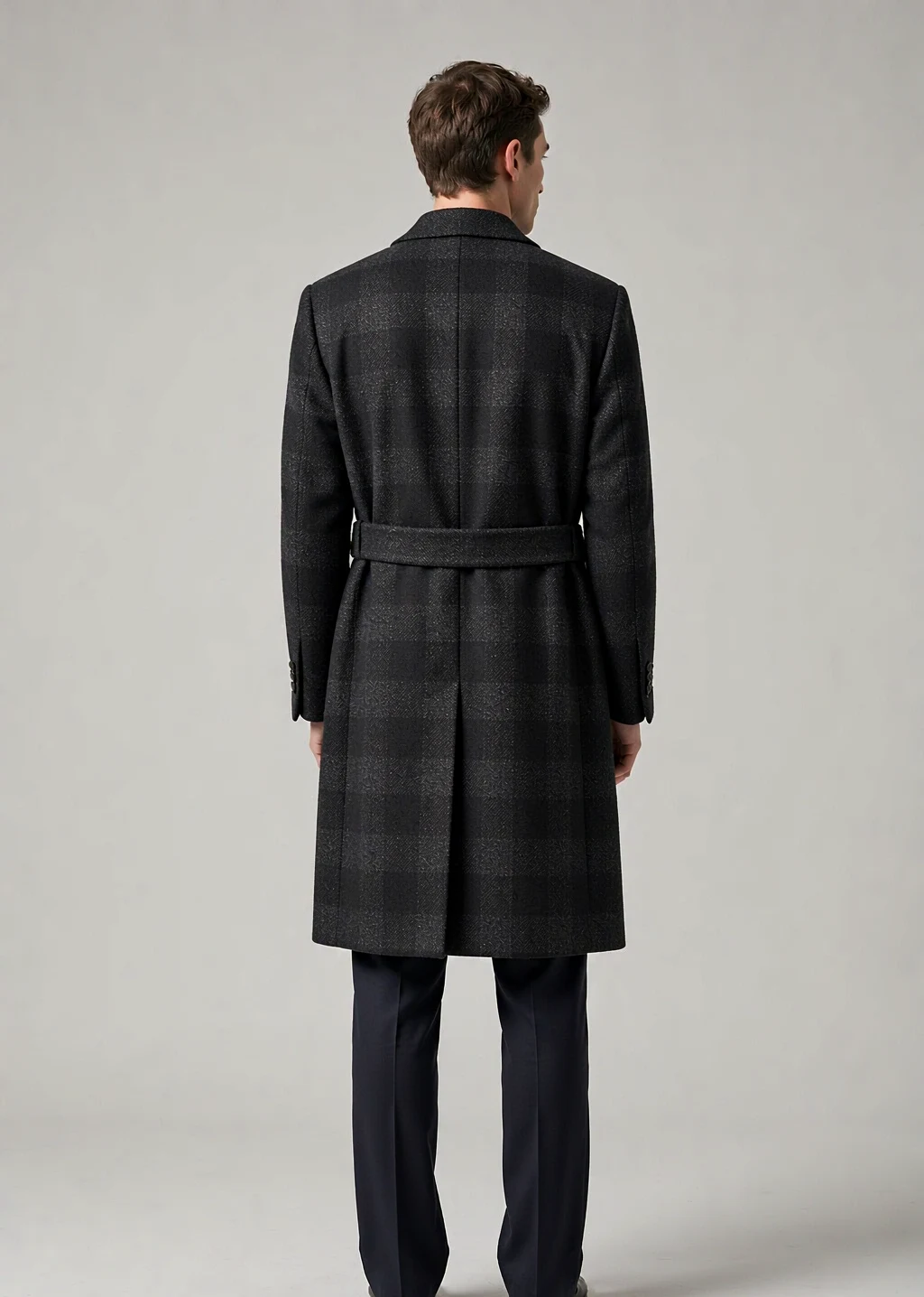 XH25W2109 AI model back Men's charcoal double-breasted wool coat with back half-belt, AI-rendered model back view - Style XH25W2109