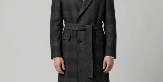 Men's charcoal double-breasted wool coat with belt, AI-rendered model front view - Style XH25W2109