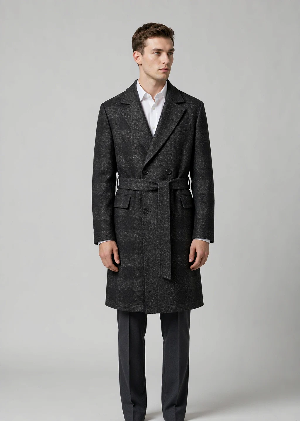 Men's charcoal double-breasted wool coat with belt, AI-rendered model front view - Style XH25W2109