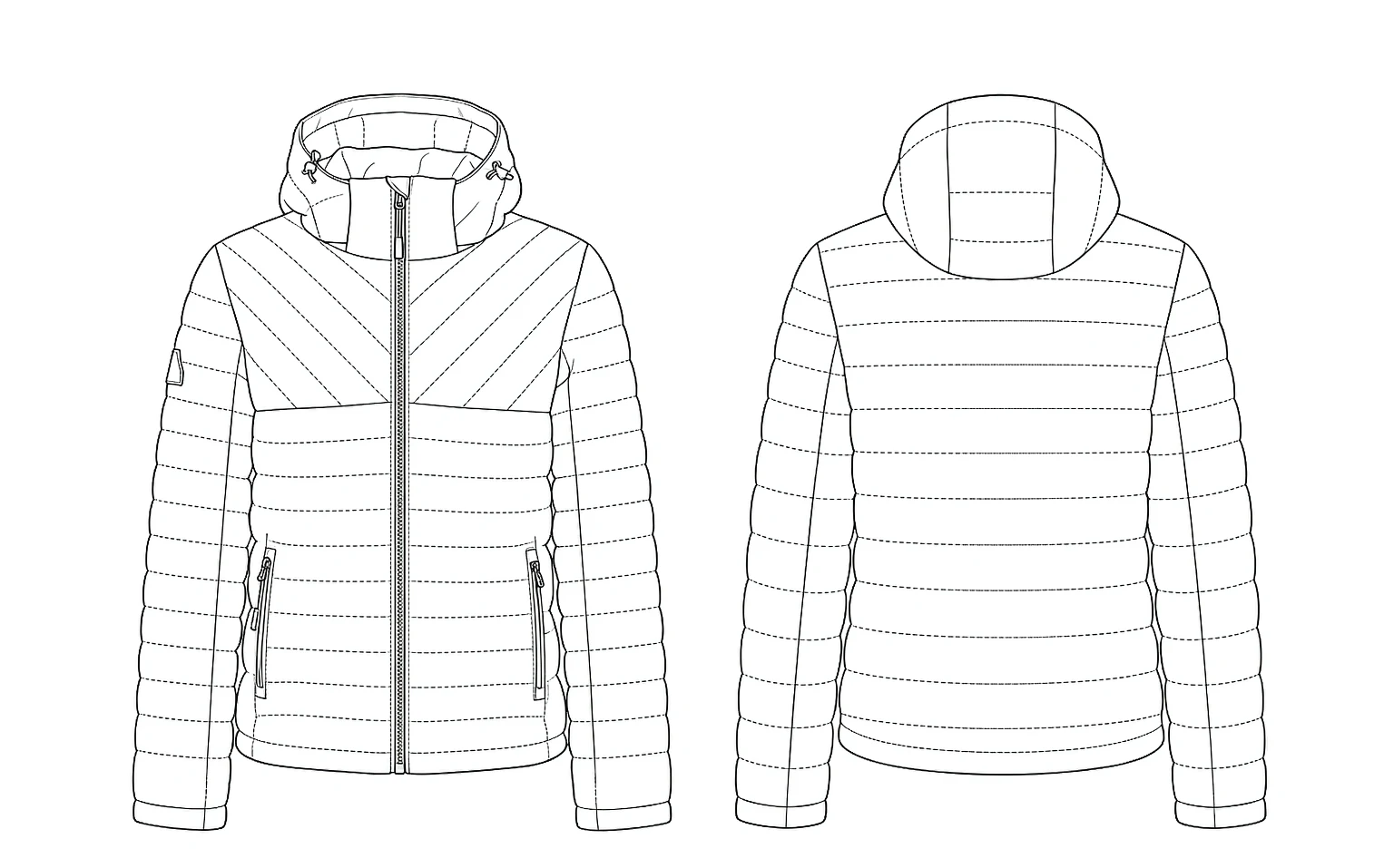 XH26AW0481 mens navy quilted hooded jacket front and back flat sketch