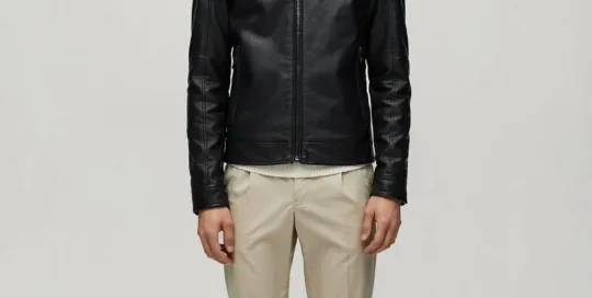XH26AW1048 mens black faux leather biker jacket model front view - AI generated