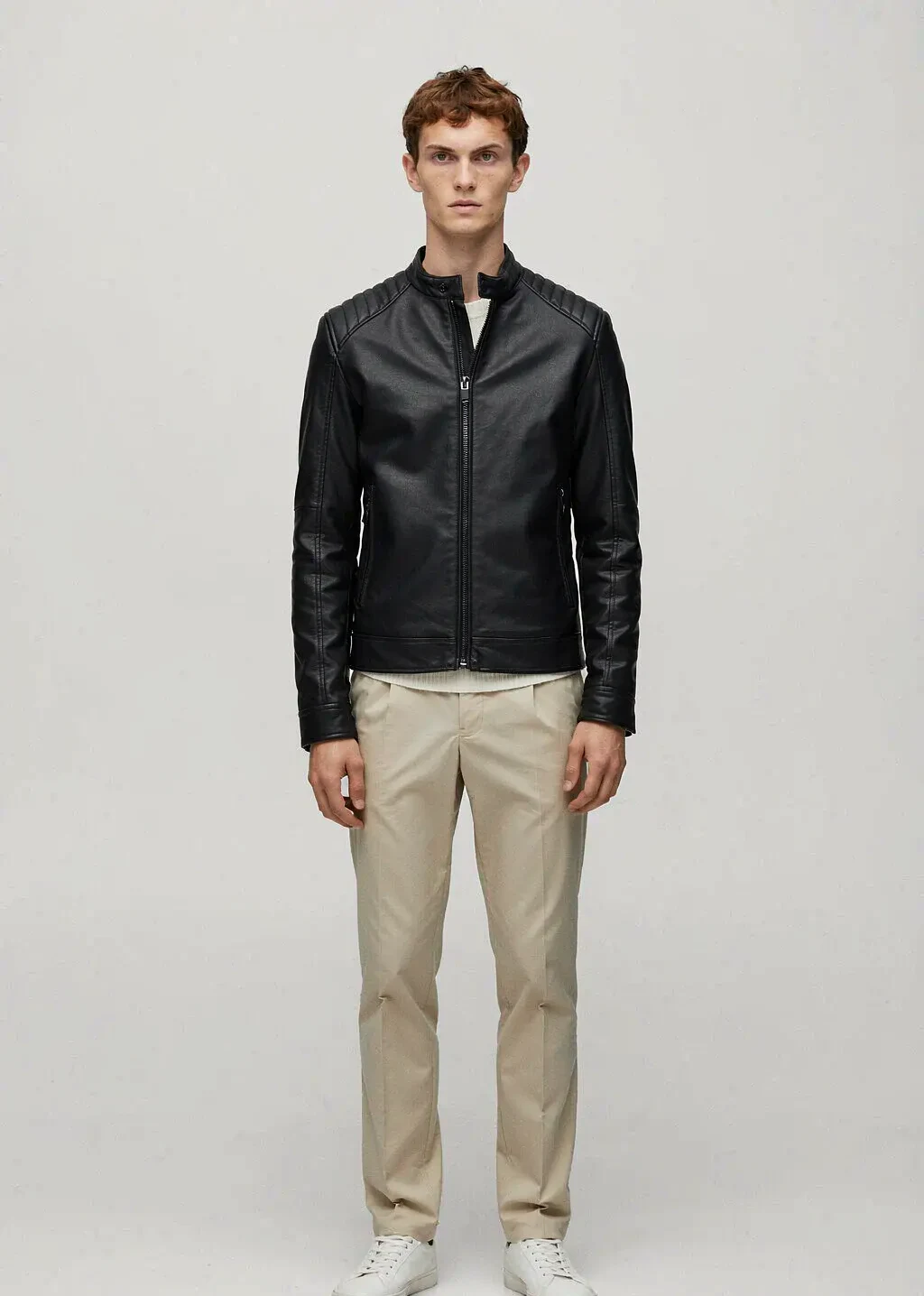 XH26AW1048 mens black faux leather biker jacket model front view - AI generated