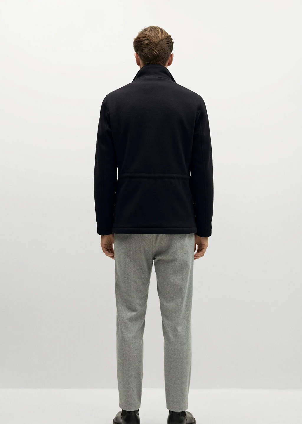 XH26AW2093 mens navy wool military jacket model back view - AI generated