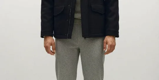 XH26AW2093 mens navy wool military jacket model front view - AI generated