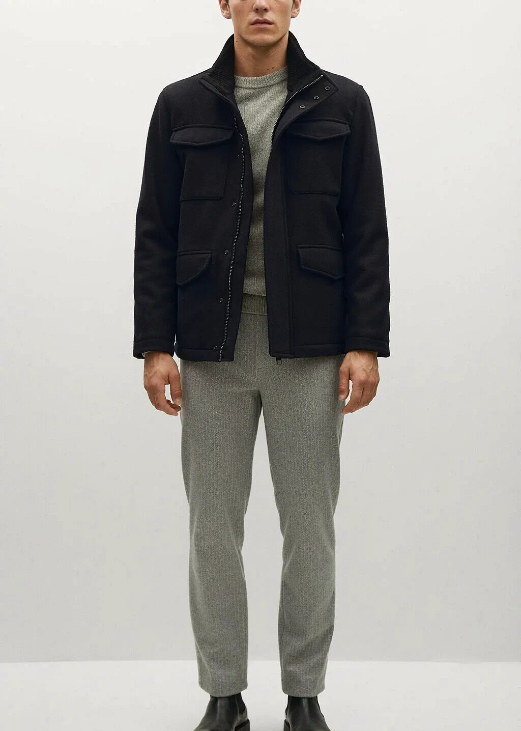 XH26AW2093 mens navy wool military jacket model front view - AI generated