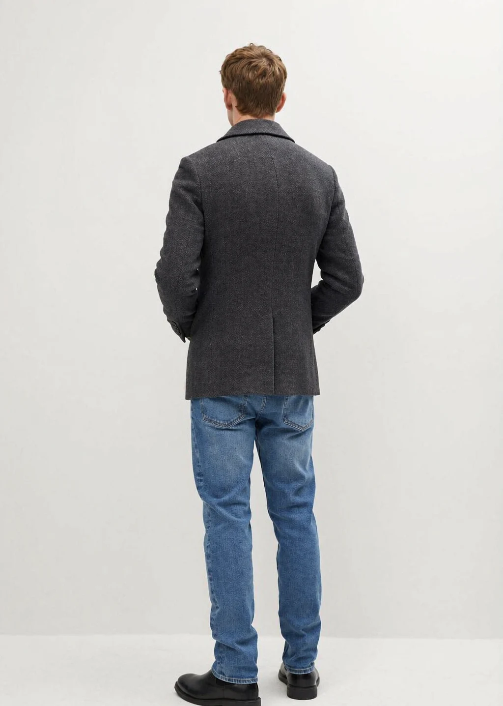 XH26AW2094 Coat Model Back XH26AW2094 mens dark grey double-breasted wool coat model back view - AI generated