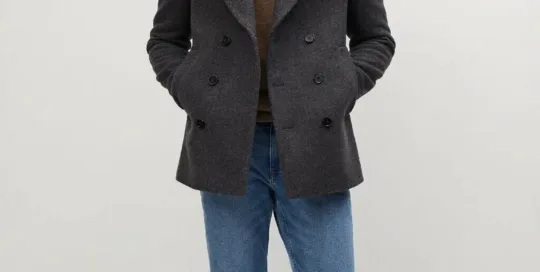 XH26AW2094 mens dark grey double-breasted wool coat model front view - AI generated