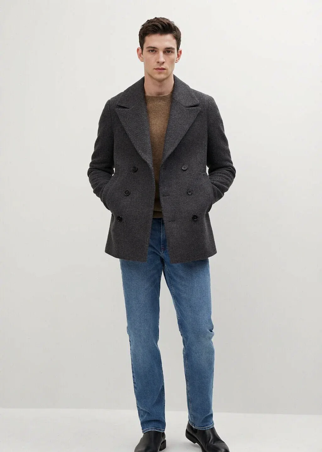 XH26AW2094 mens dark grey double-breasted wool coat model front view - AI generated