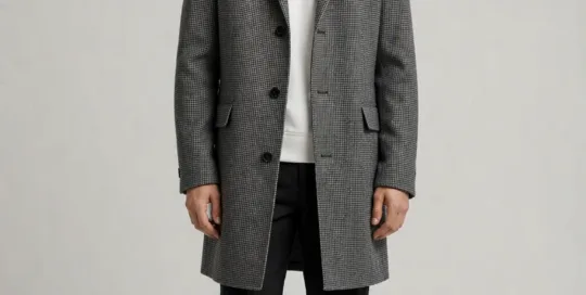 XH26AW2095 mens grey micro-check wool coat model front view - AI generated