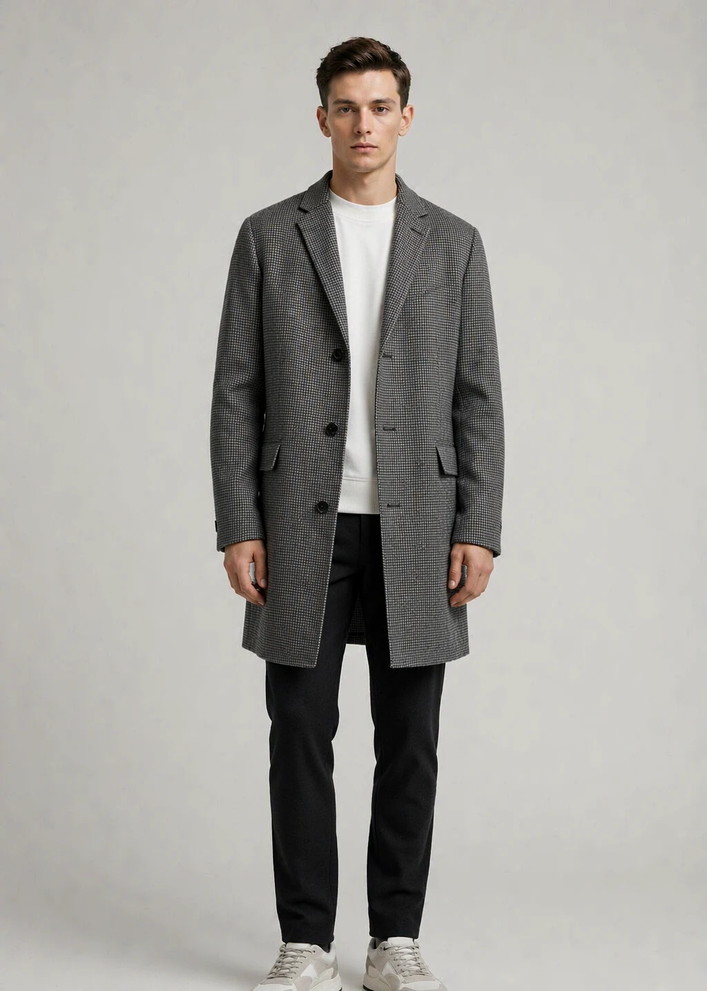 XH26AW2095 mens grey micro-check wool coat model front view - AI generated