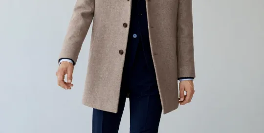 XH26AW2096 mens camel wool coat model front view - AI generated