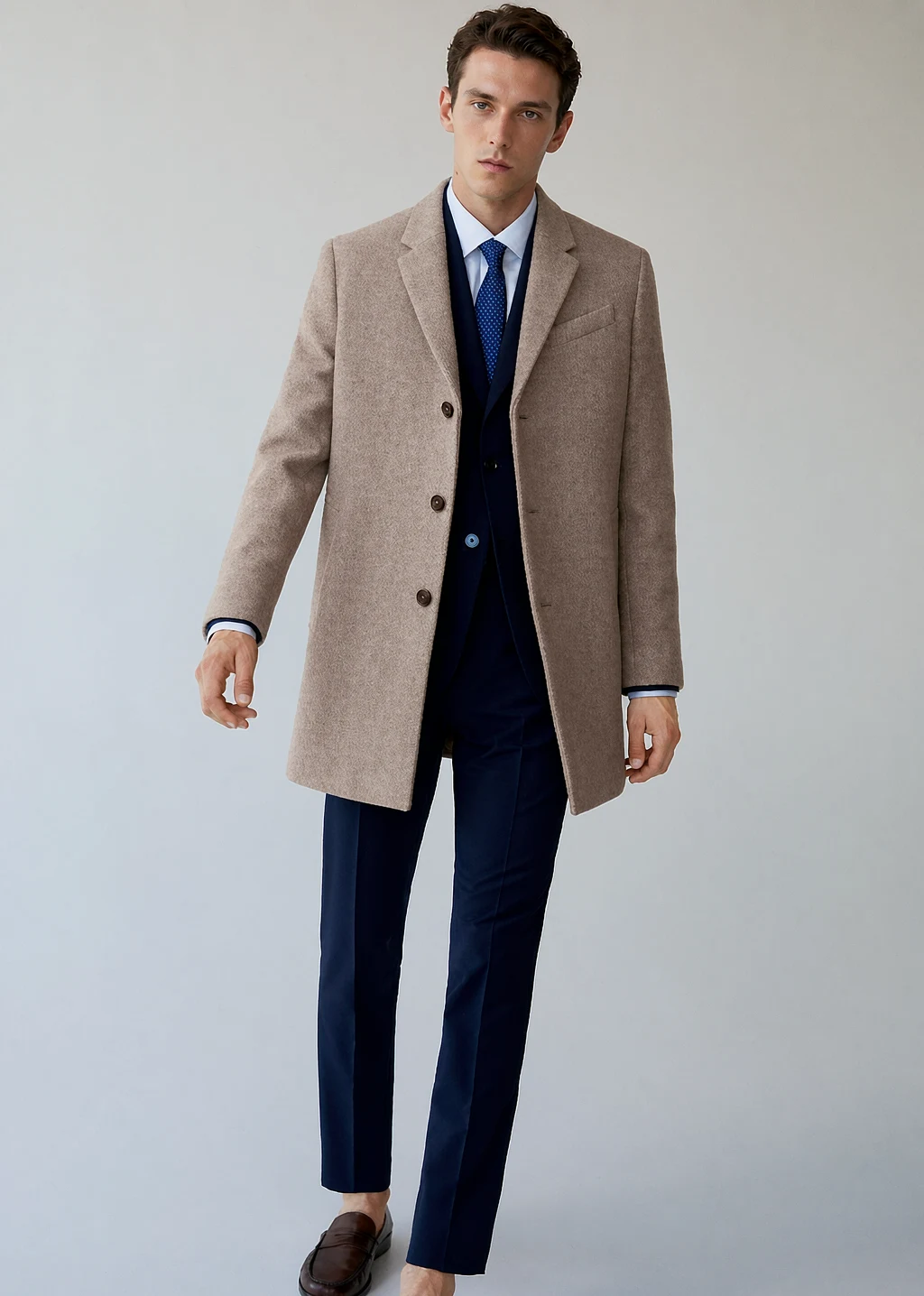 XH26AW2096 mens camel wool coat model front view - AI generated