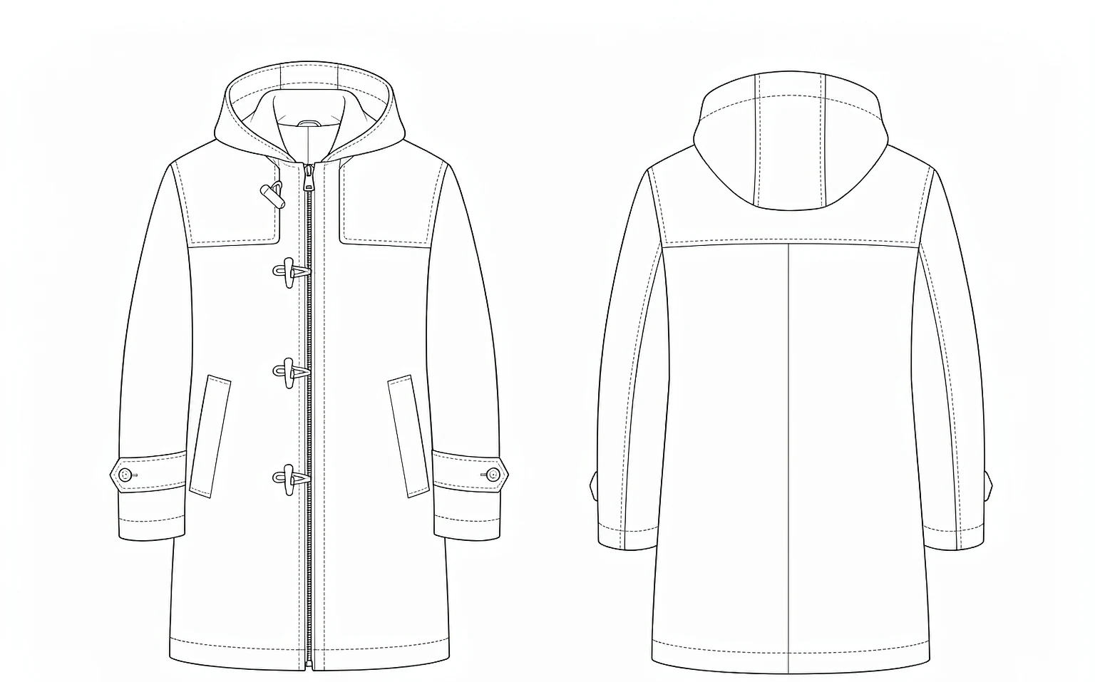 XH26AW2097 Coat Flat Sketch XH26AW2097 mens navy hooded duffle coat front and back flat sketch
