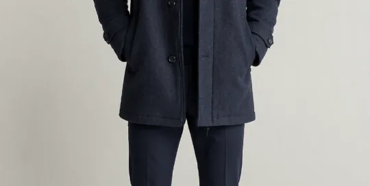 XH26AW2097 mens navy hooded duffle coat model front view - AI generated
