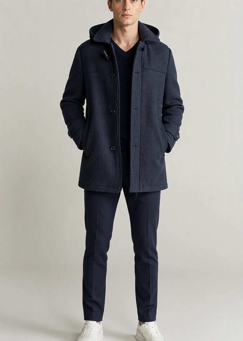 XH26AW2097 mens navy hooded duffle coat model front view - AI generated