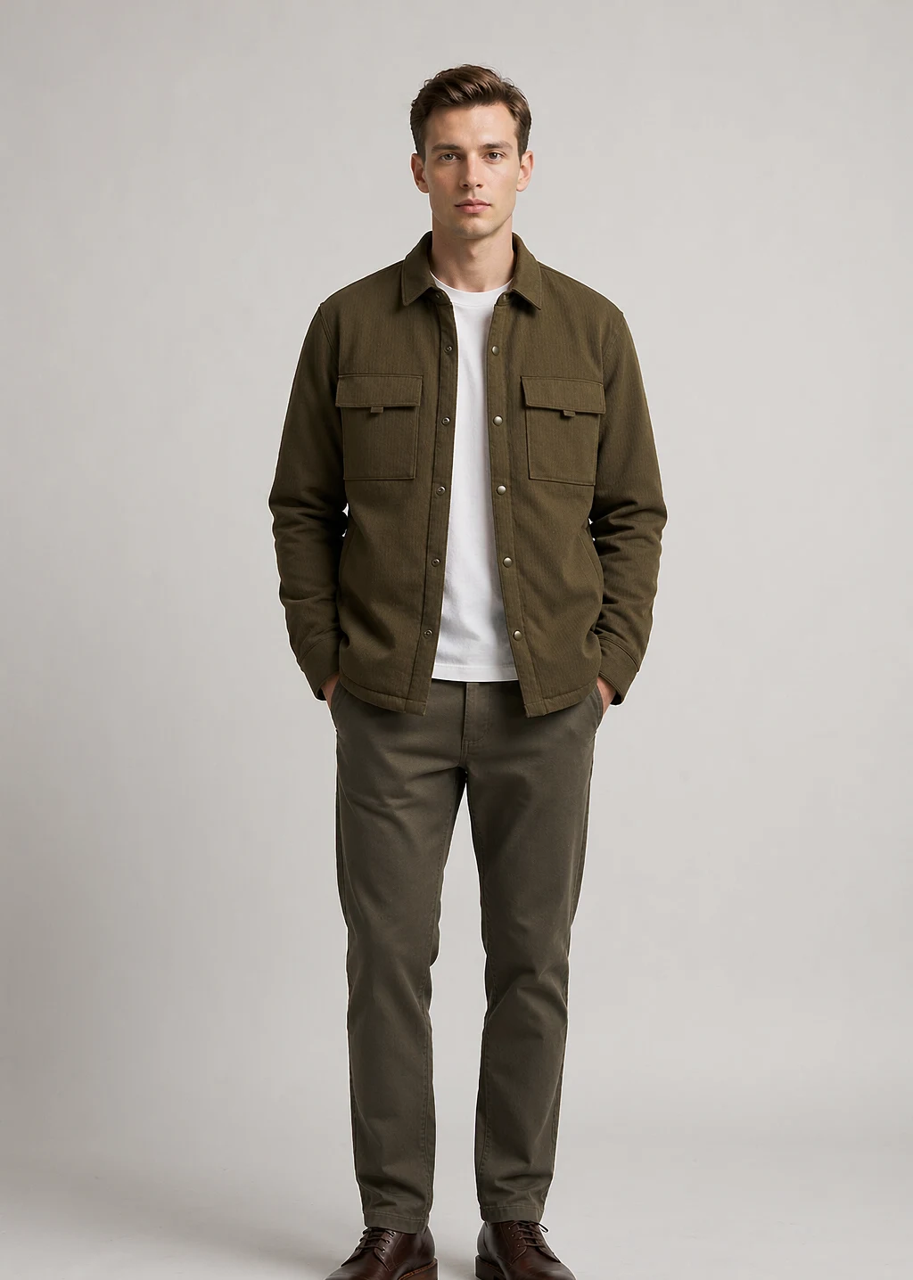 XH26AW2098 mens olive padded chore jacket model front view - AI generated
