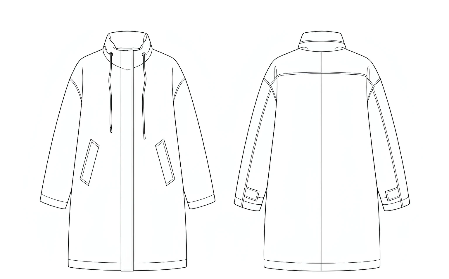XH26AW2099 mens black puffer parka front and back flat sketch