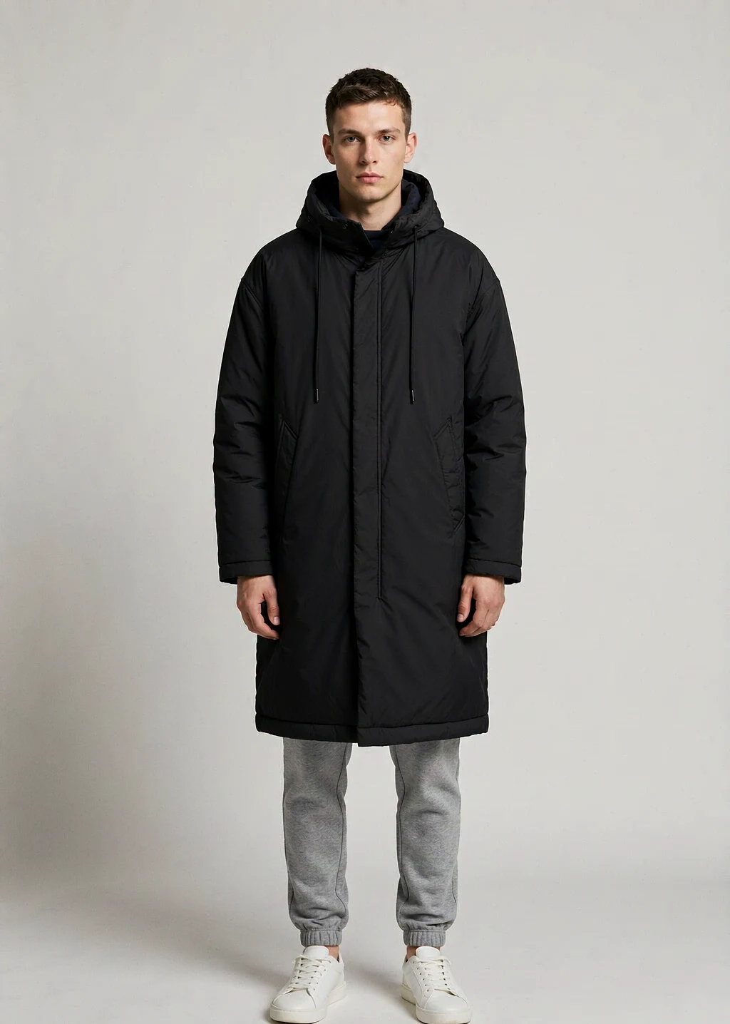 XH26AW2099 mens black puffer parka model front view - AI generated