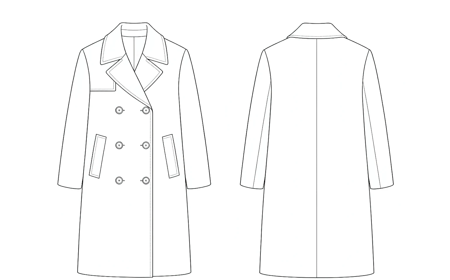 XH26AW2100 mens black double-breasted wool coat front and back flat sketch