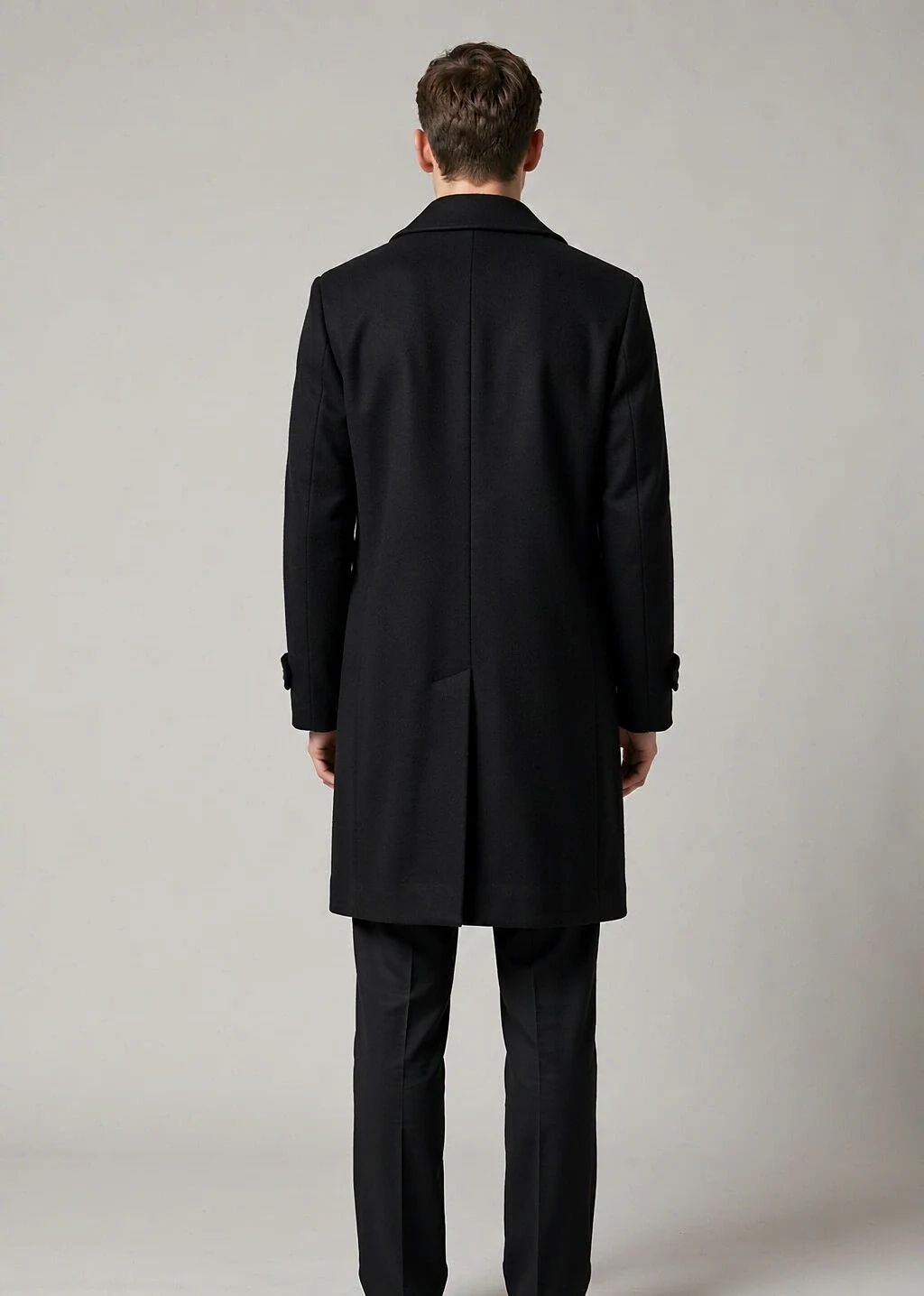 XH26AW2100 mens black double-breasted wool coat model back view - AI generated