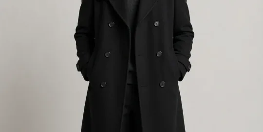XH26AW2100 mens black double-breasted wool coat model front view - AI generated