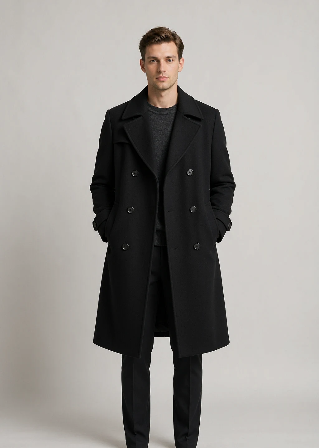 XH26AW2100 mens black double-breasted wool coat model front view - AI generated