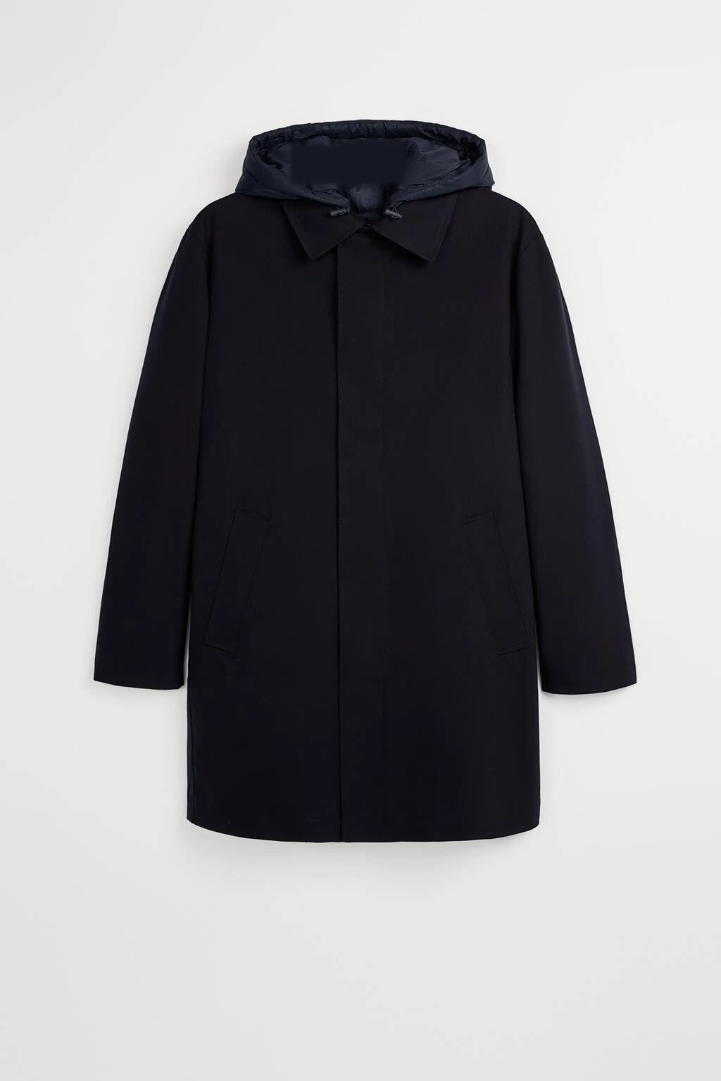 XH26AW2101 mens navy hooded wool coat front flat