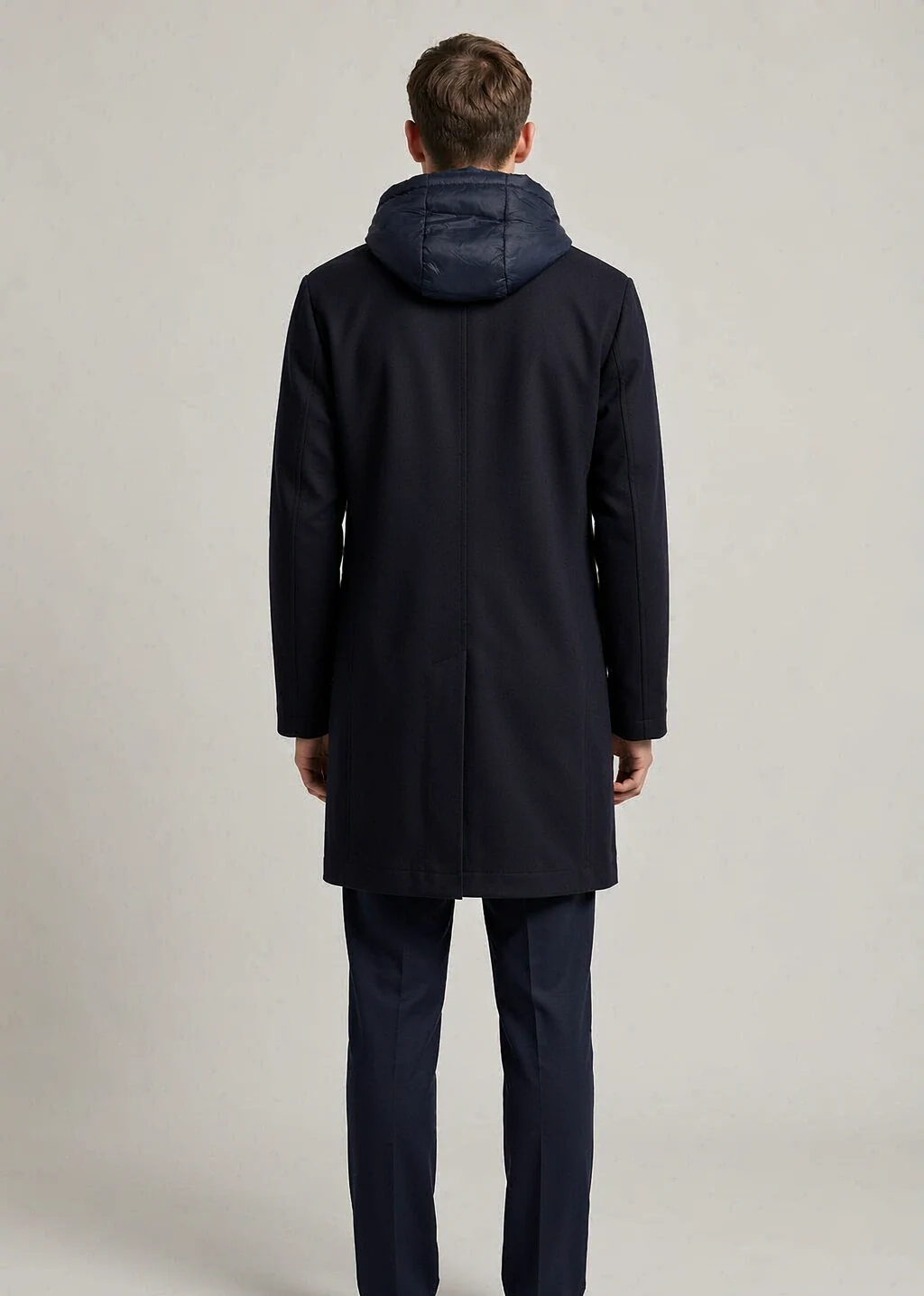 XH26AW2101 mens navy hooded wool coat model back view - AI generated