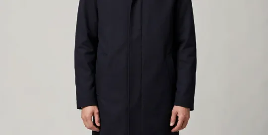 XH26AW2101 mens navy hooded wool coat model front view - AI generated