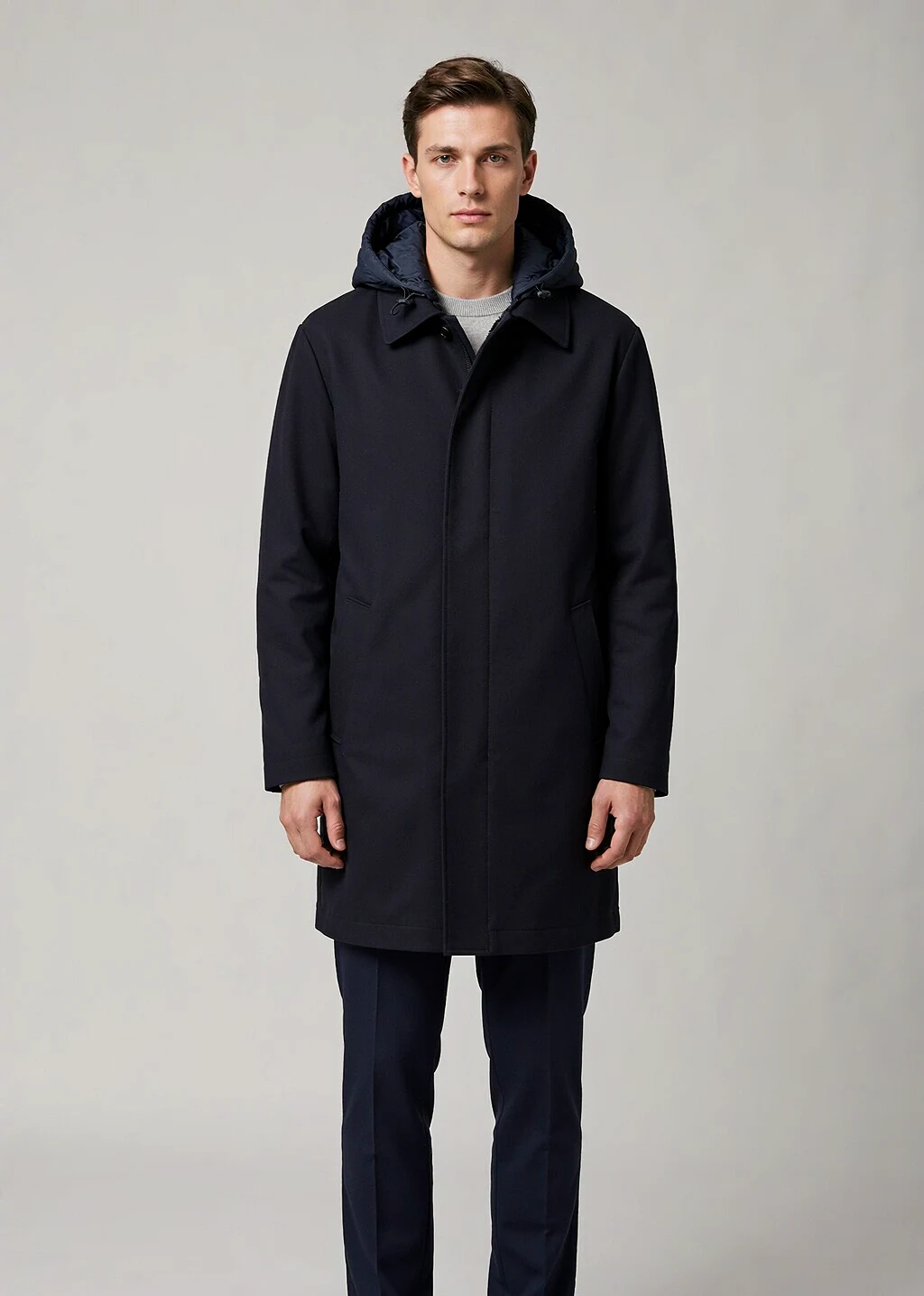 XH26AW2101 mens navy hooded wool coat model front view - AI generated