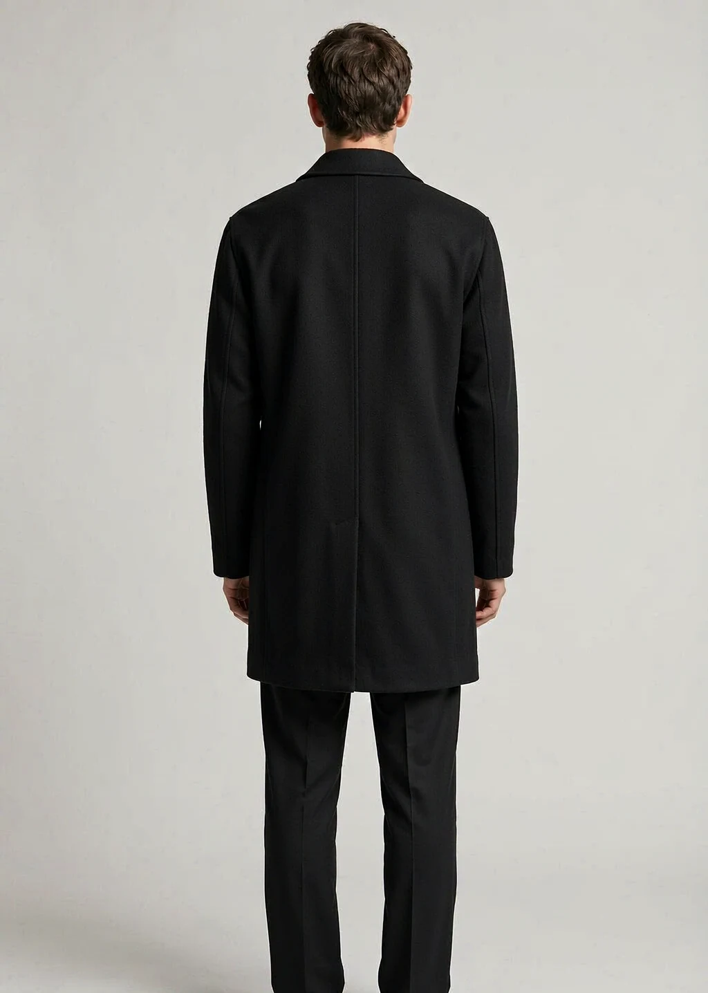 XH26AW2102 mens black wool coat model back view - AI generated