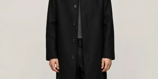 XH26AW2102 mens black wool coat model front view - AI generated