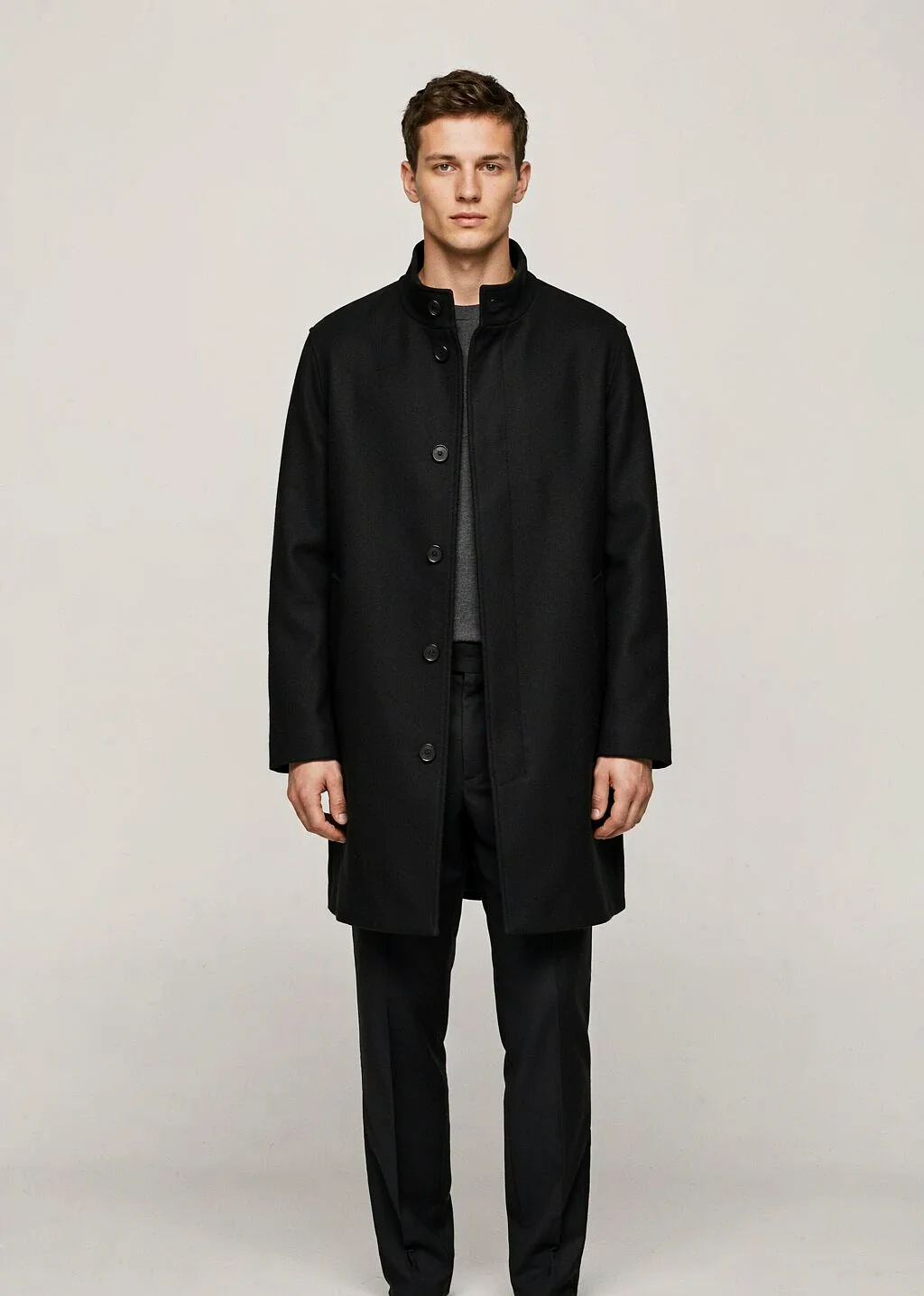 XH26AW2102 mens black wool coat model front view - AI generated