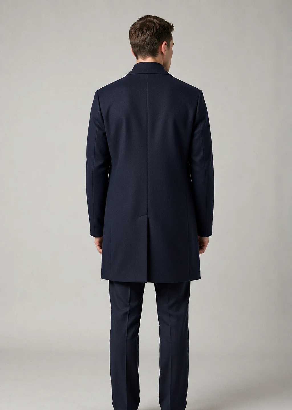 XH26AW2103 mens navy wool coat model back view - AI generated