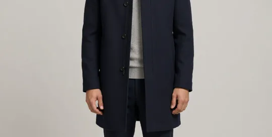 XH26AW2103 mens navy wool coat model front view - AI generated