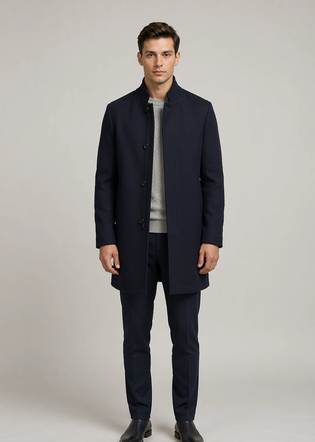 XH26AW2103 mens navy wool coat model front view - AI generated